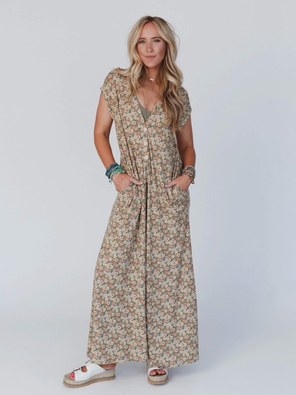 Three Bird Nest Floral V-Neck Maxi Jumpsuit